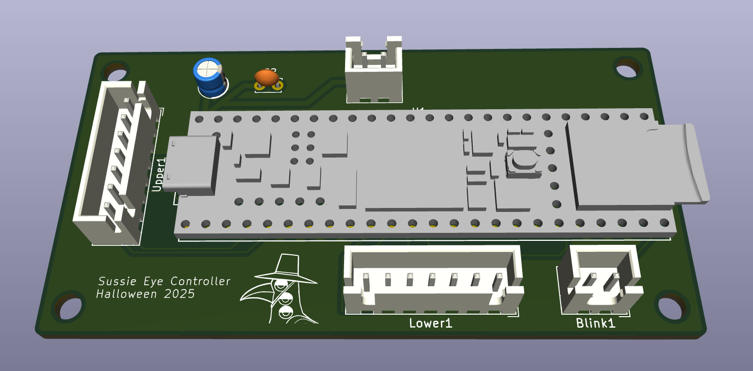 A 3D model of the PCB, courtesy of KiCAD.