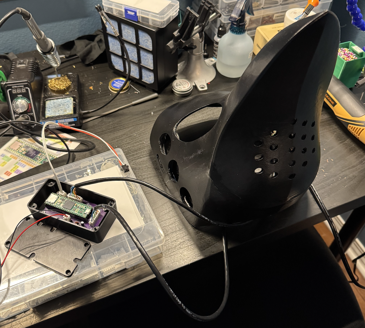 The mask with its complete control box removed during integration testing.