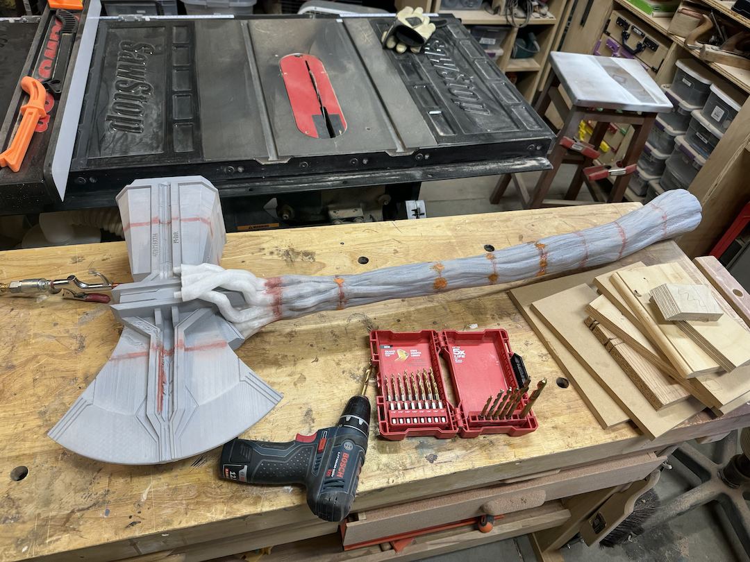 The hammer’s head and shaft, partially assembled.